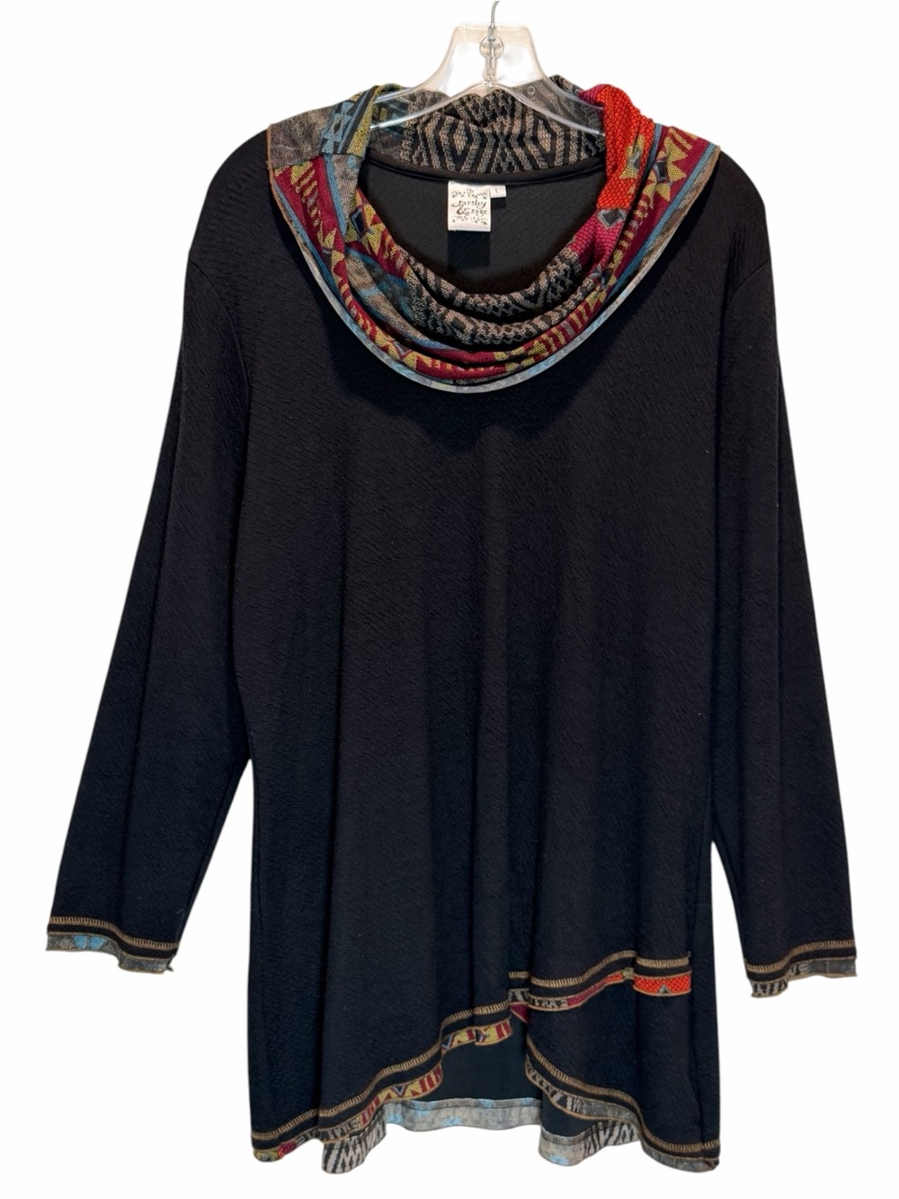 Parsley & Sage Black Textured Tunic w/ Colorful Print Cowl Neck & Trim - Large